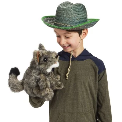 A young boy playing with a "Little Coyote" plush puppet by Folkmanis A young boy playing with a "Little Coyote" plush puppet by Folkmanis