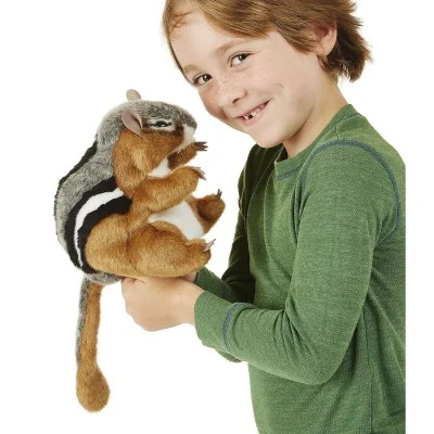 Boy playing with a Tamia (chipmunk) hand puppet by Folkmanis