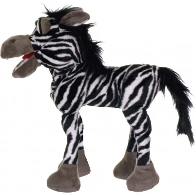 Burattino a mano a forma di zebra della Living Puppets, visto di profilo