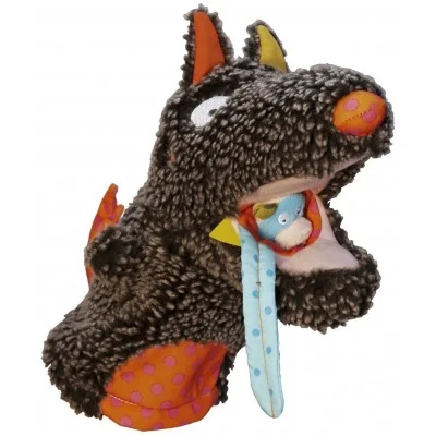 Peluche-marioneta «Louloup, el lobo» y sus tres marionetas de dedo de la marca Ebulobo; el lobo se traga una marioneta