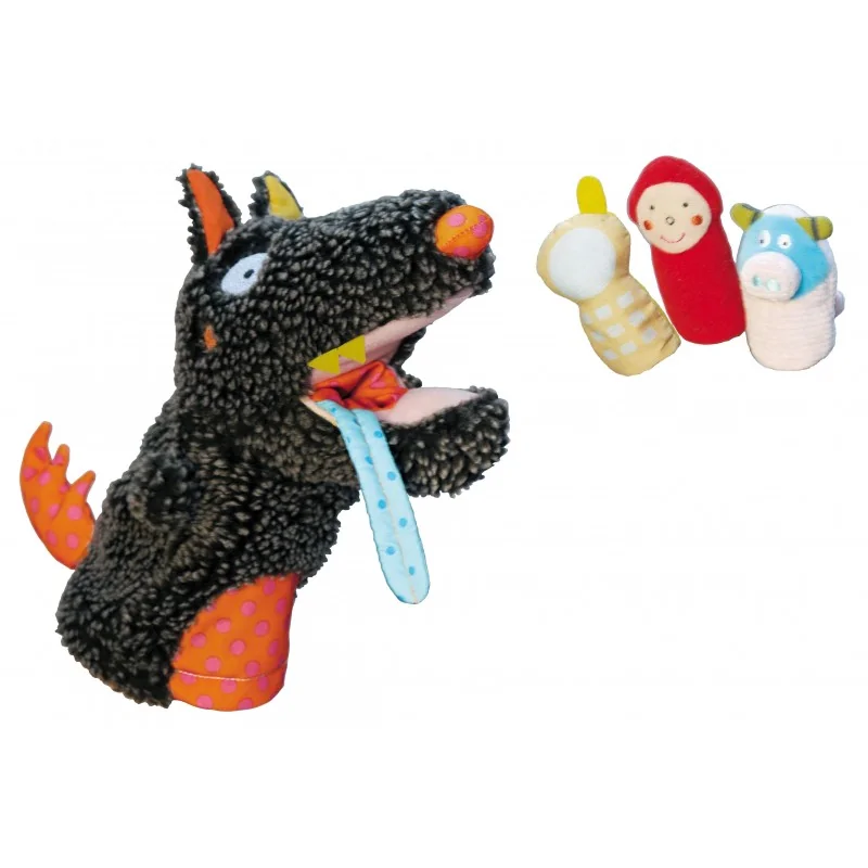 Peluche-marioneta «Louloup, el lobo» y sus tres marionetas de dedo de la marca Ebulobo