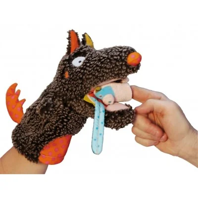 Peluche-marioneta «Louloup, el lobo» y sus tres marionetas de dedo de la marca Ebulobo; el lobo se come una marioneta
