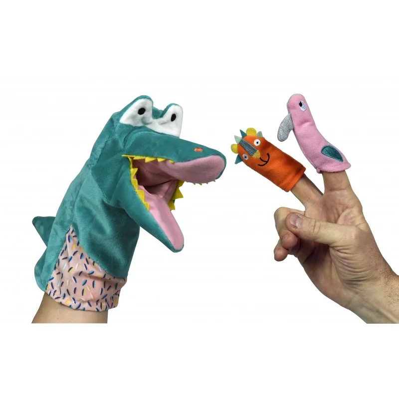Marioneta de cocodrilo para niños de la marca Ebulobo con sus dos marionetas de dedo
