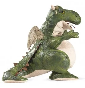 Marioneta de mano de un dragón simpático de la marca Folkmanis, vista de perfil