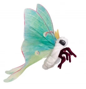 Marioneta de dedo em forma de borboleta e lua da marca Folkmanis, vista de perfil