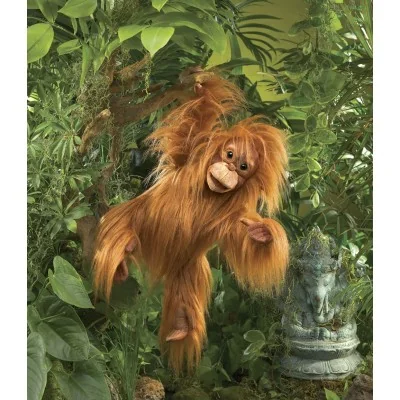 Marioneta de mão de um bebé orangotango pendurado num galho na selva