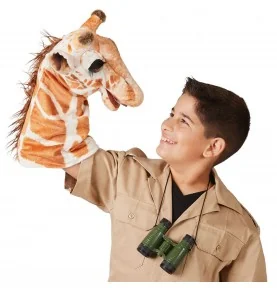 Boy playing with a Folkmanis giraffe puppet