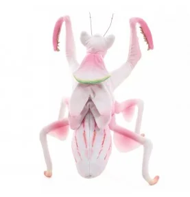 Marioneta de louva-a-deus em forma de orquídea da marca Folkmanis, vista de cima Marioneta de louva-a-deus em forma de orquídea da marca Folkmanis, vista de cima