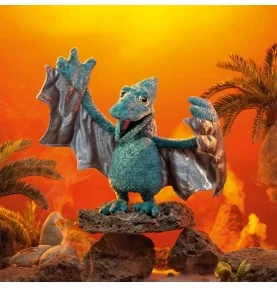 Marioneta de pterodáctilo (pterosaurio) de la marca Folkmanis, en un escenario prehistórico