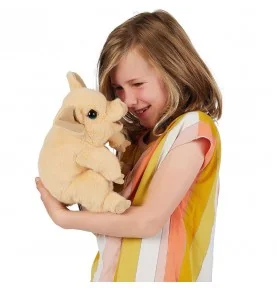 A young girl playing with a Folkmanis piglet puppet