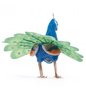Mini marionetta a forma di pavone firmata Folkmanis, vista da dietro
