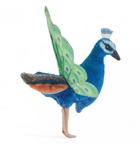 Mini marionetta a forma di pavone firmata Folkmanis, vista di profilo