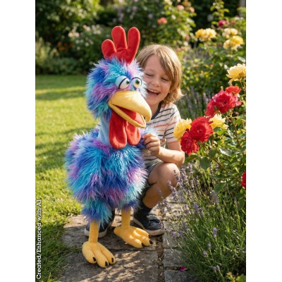 Criança a brincar com a marioneta «Galo Sir Theo» – 90 cm, da marca Living Puppets Criança a brincar com a marioneta «Galo Sir Theo» – 90 cm, da marca Living Puppets