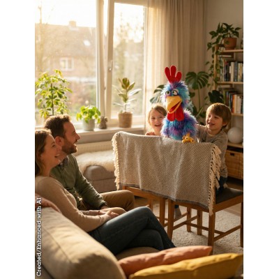 Espetáculo na sala de estar com a marioneta «Galo Sir Theo» — 90 cm, da Living Puppets Espetáculo na sala de estar com a marioneta «Galo Sir Theo» — 90 cm, da Living Puppets